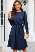 Blue Twist Front Tie Back Long Sleeve Satin Dress