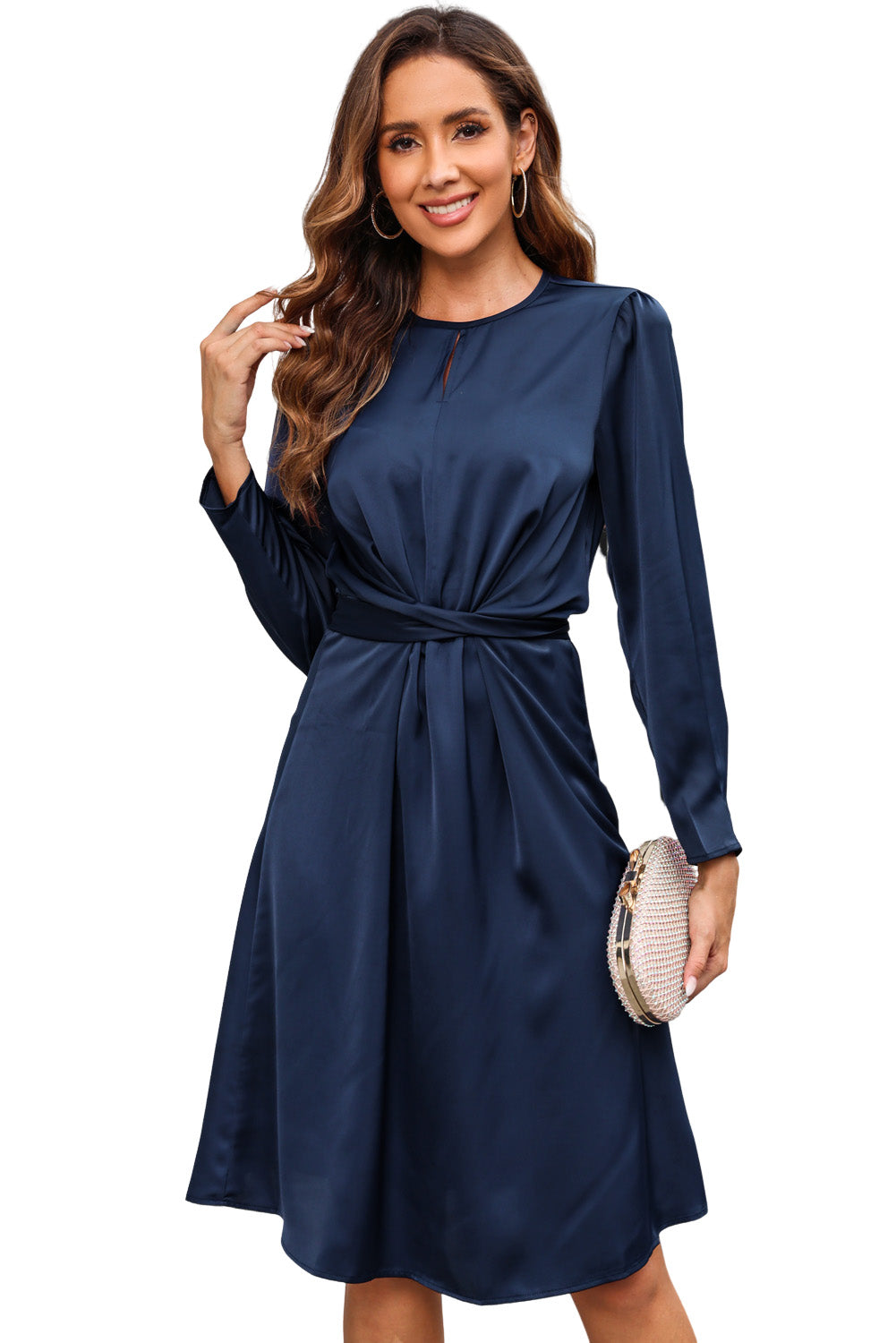 Blue Twist Front Tie Back Long Sleeve Satin Dress