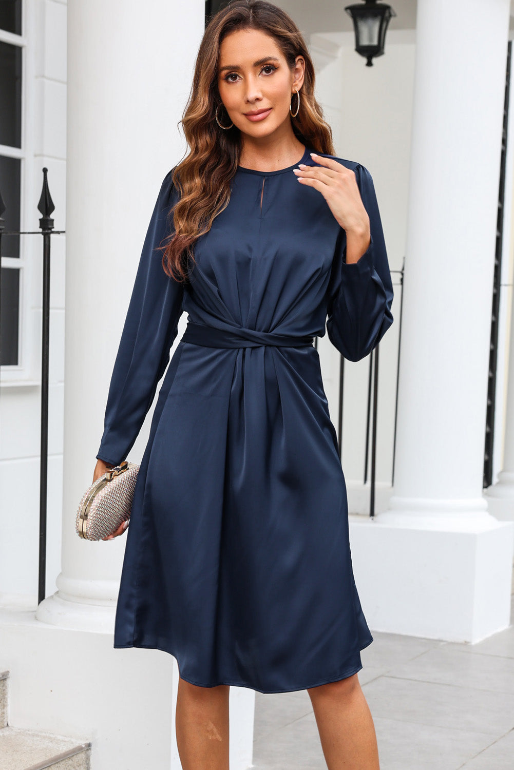 Blue Twist Front Tie Back Long Sleeve Satin Dress