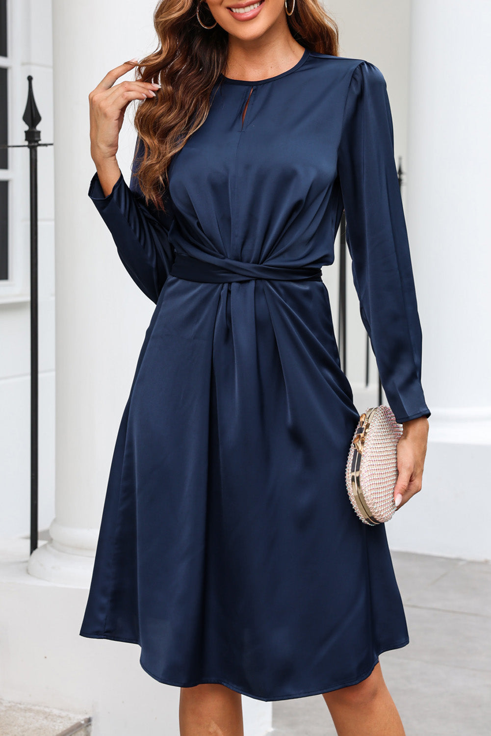 Blue Twist Front Tie Back Long Sleeve Satin Dress