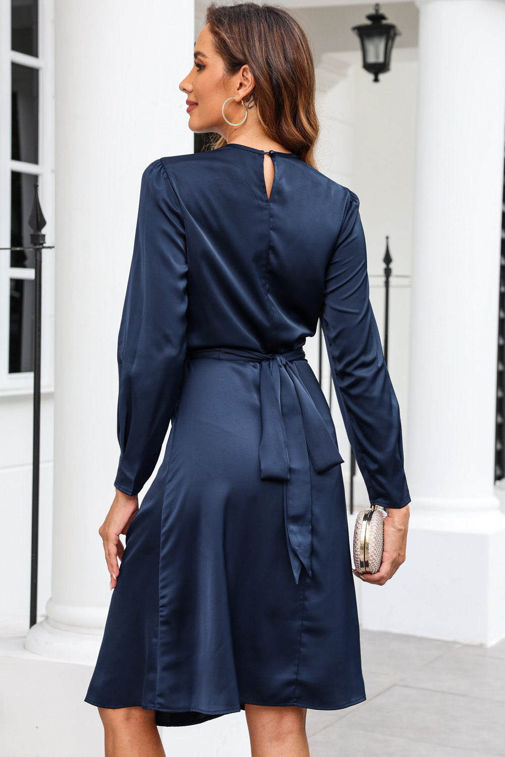 Blue Twist Front Tie Back Long Sleeve Satin Dress